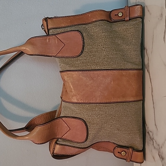 Fossil Vintage Revival Tan Leather Sage Canvas Top Handles Satchel Shoulder Bag - Picture 6 of 16